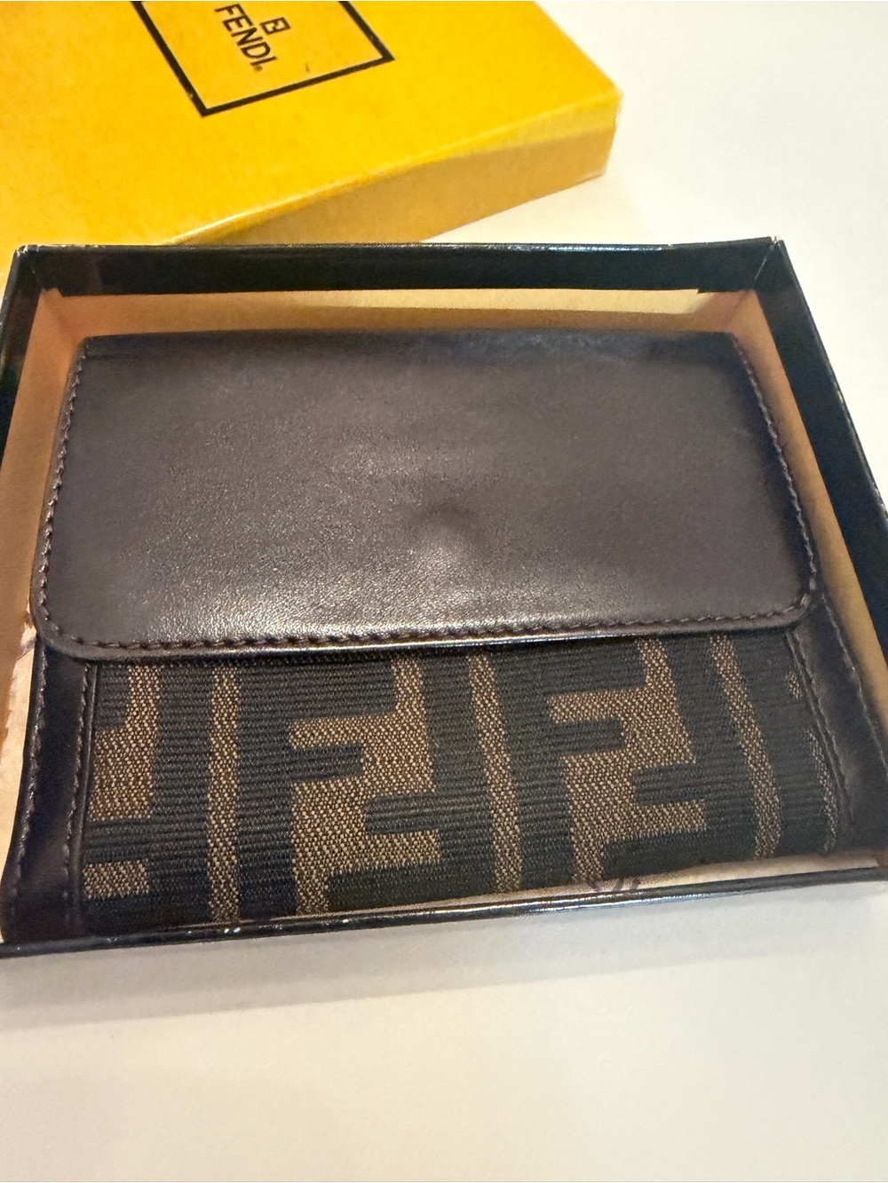 Authentic FENDI Zucca Brown Canvas Leather Bifold Compact Wallet